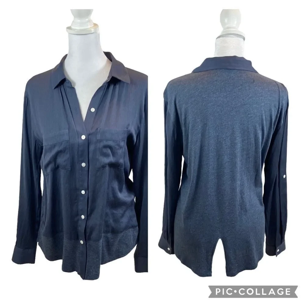 Ann Taylor Loft Blue Ladies Mixed Media Button Down Slit‎ Back Blouse SP